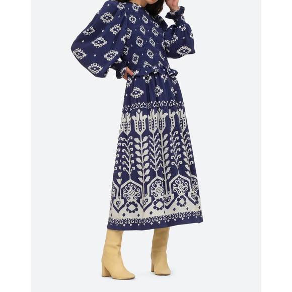 NEW SEA sonia long sleeve smocked dress in navy - Picture 2 of 4